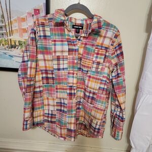 Lands' End Long Sleeve Button Up Patchwork 100% Cotton Shirt Womens Medium